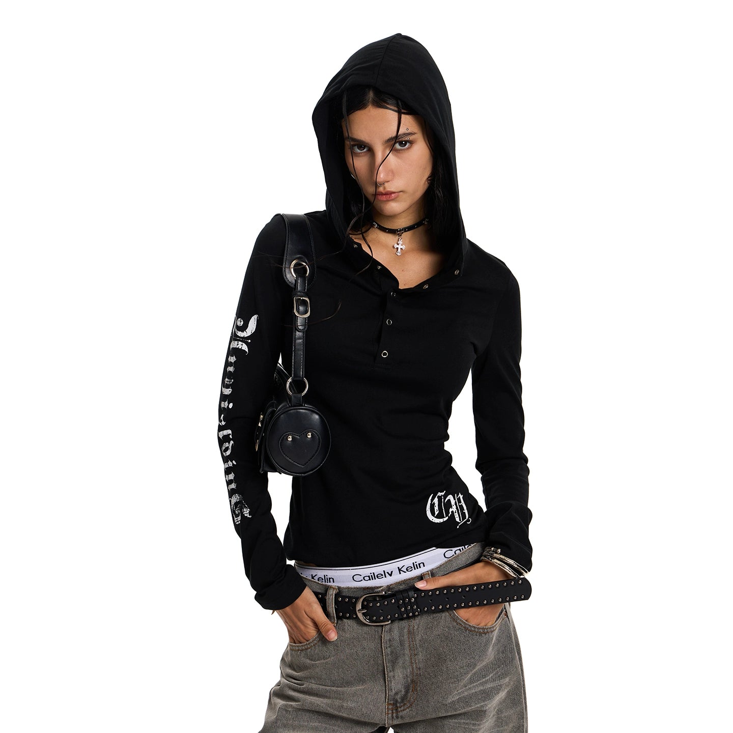 gothic sun protection smock women's summer american punk long sleeve hooded t-shirt slim fit tulle top