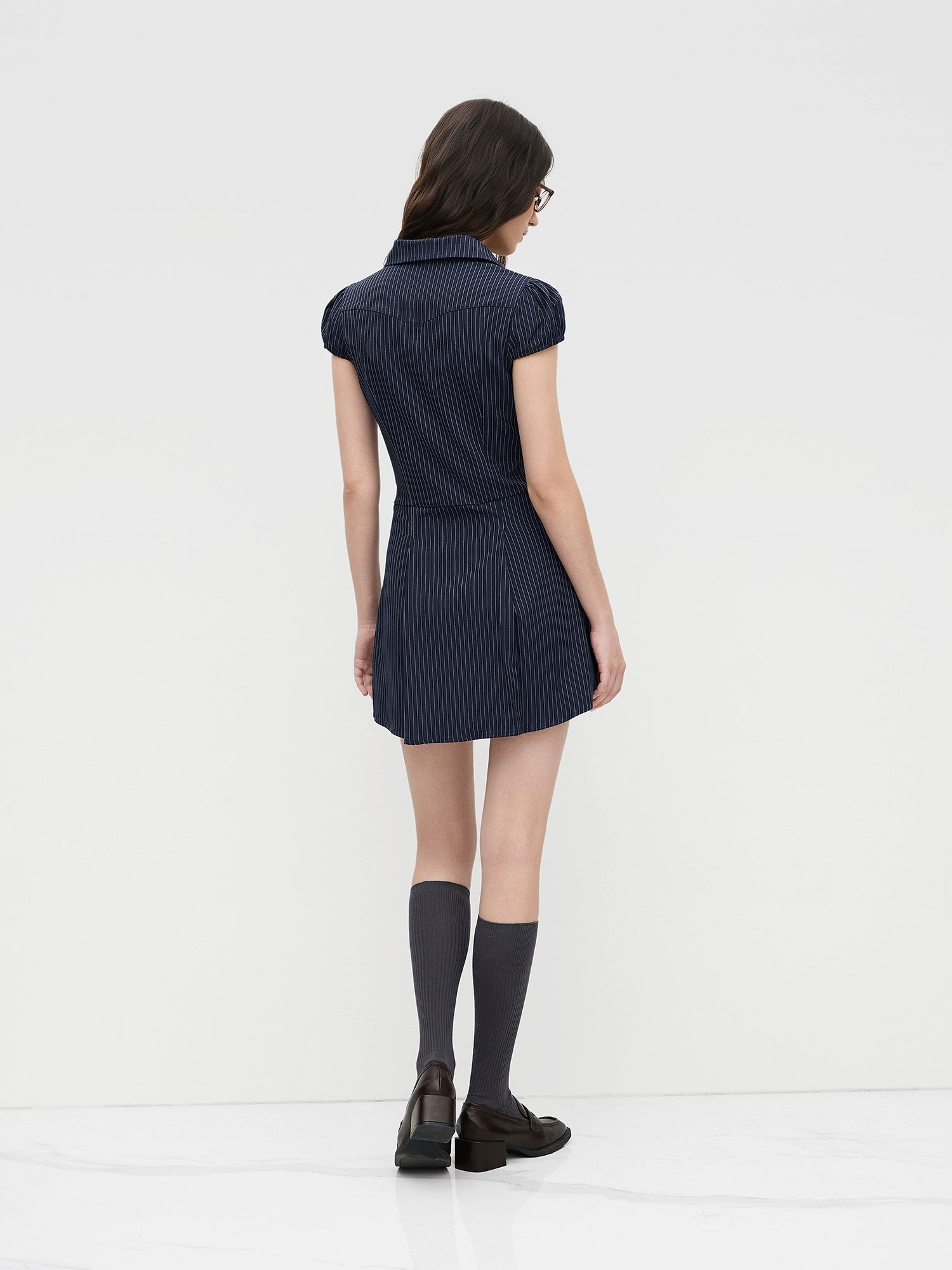 star genuine lapel striped pleated short-sleeved shirt-style cropped dress