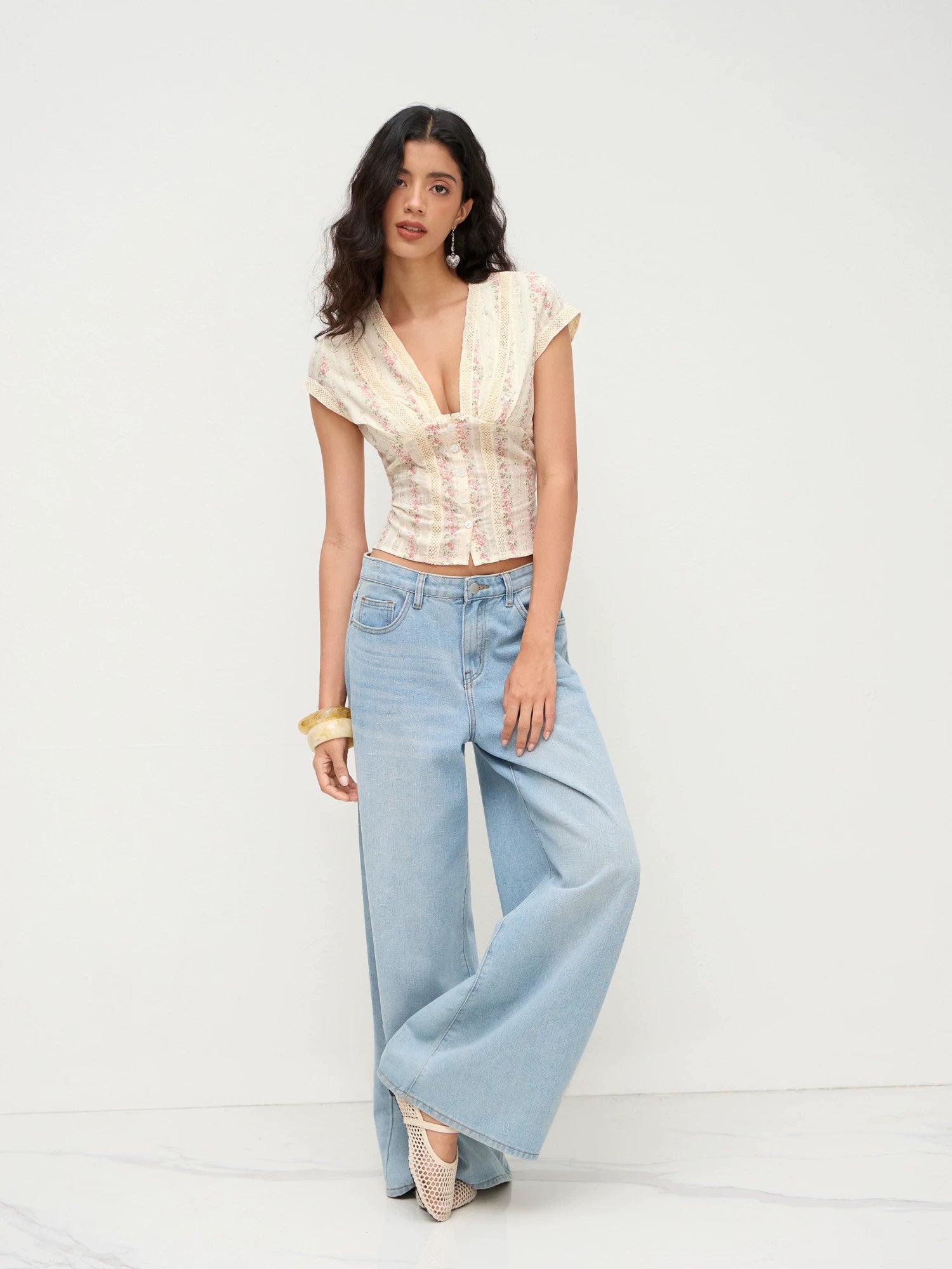 Cotton V-neck cropped shirt floral short-sleeved shirt