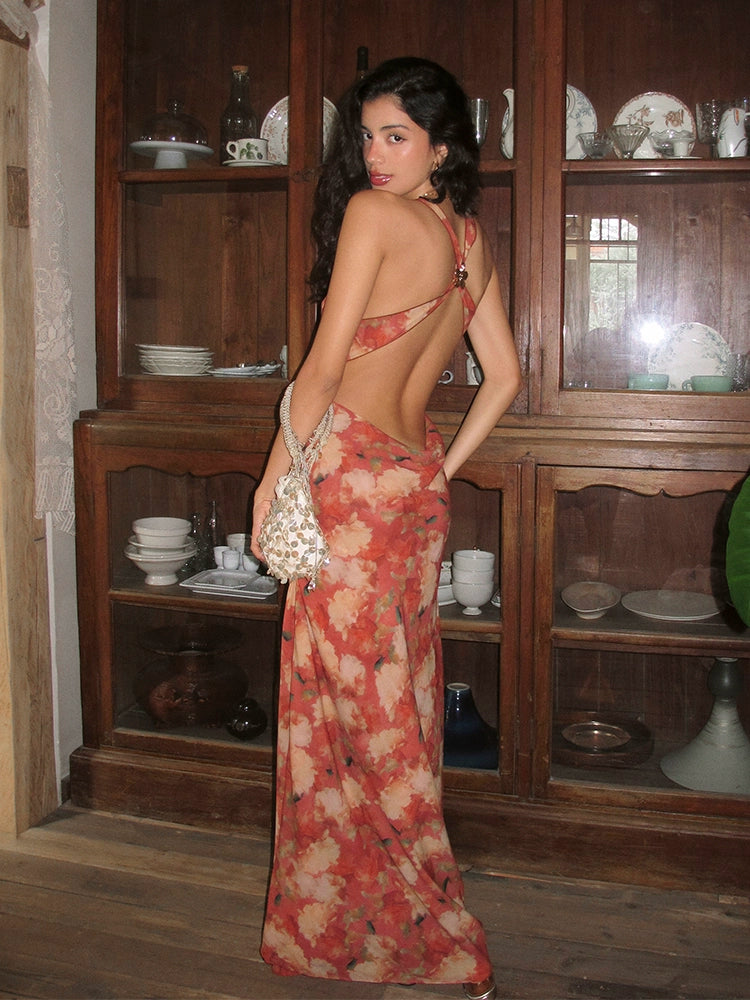 VINTAGE RED FLORAL DRESS WOMEN'S SUMMER SEXY HALTERNECK SLIP DRESS SEASIDE BACKLESS HOLIDAY DRESS