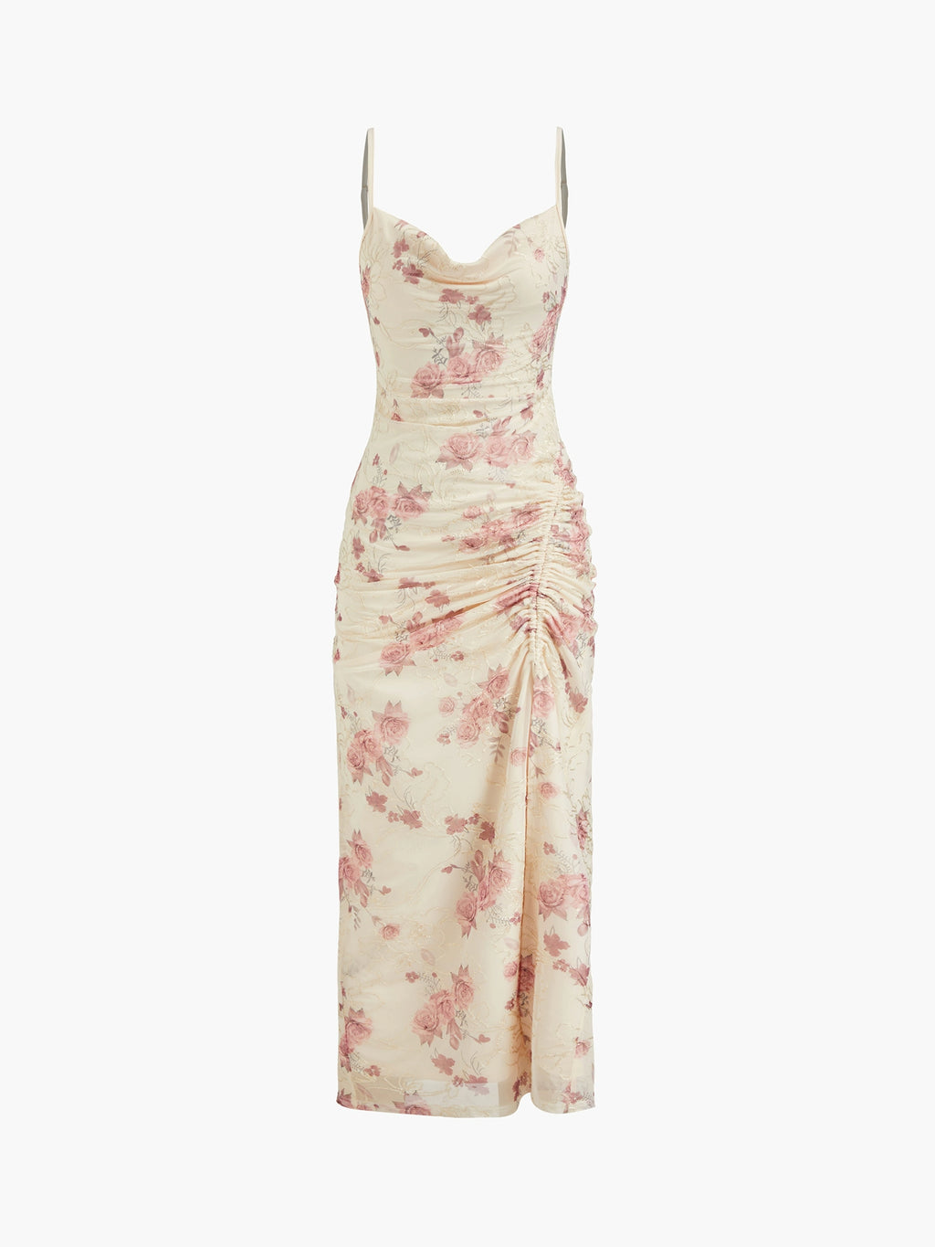 Floral Drawstring Mesh Bandeau Pleated Long Slip Dress