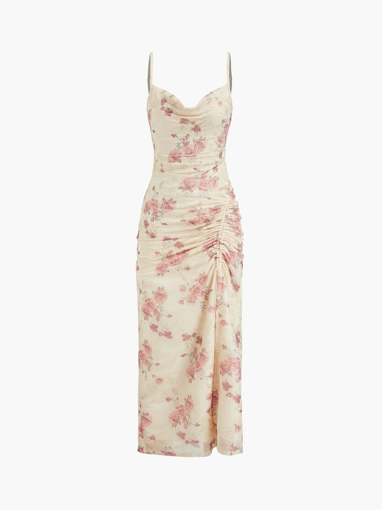 Floral Drawstring Mesh Bandeau Pleated Long Slip Dress