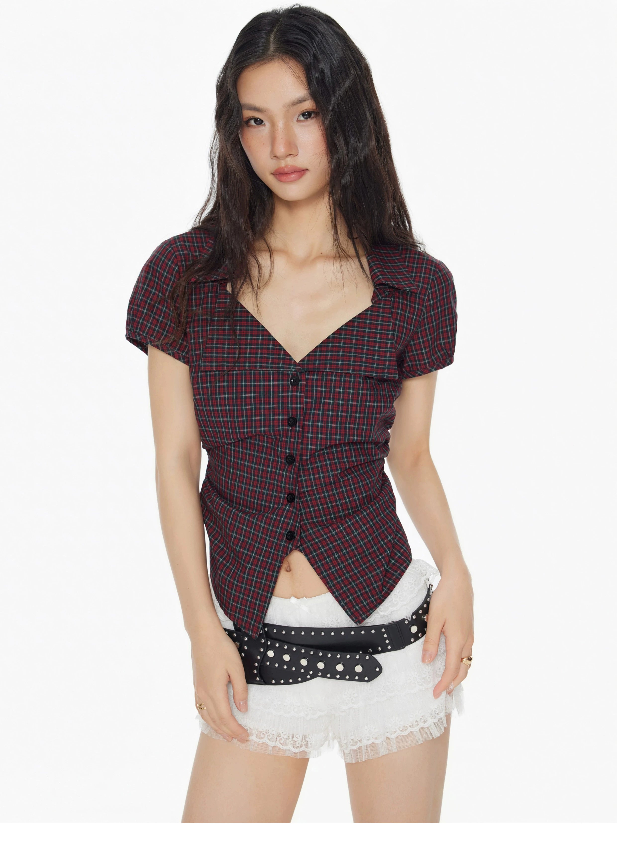 Star matching cotton American vintage plaid V-neck waist shirt