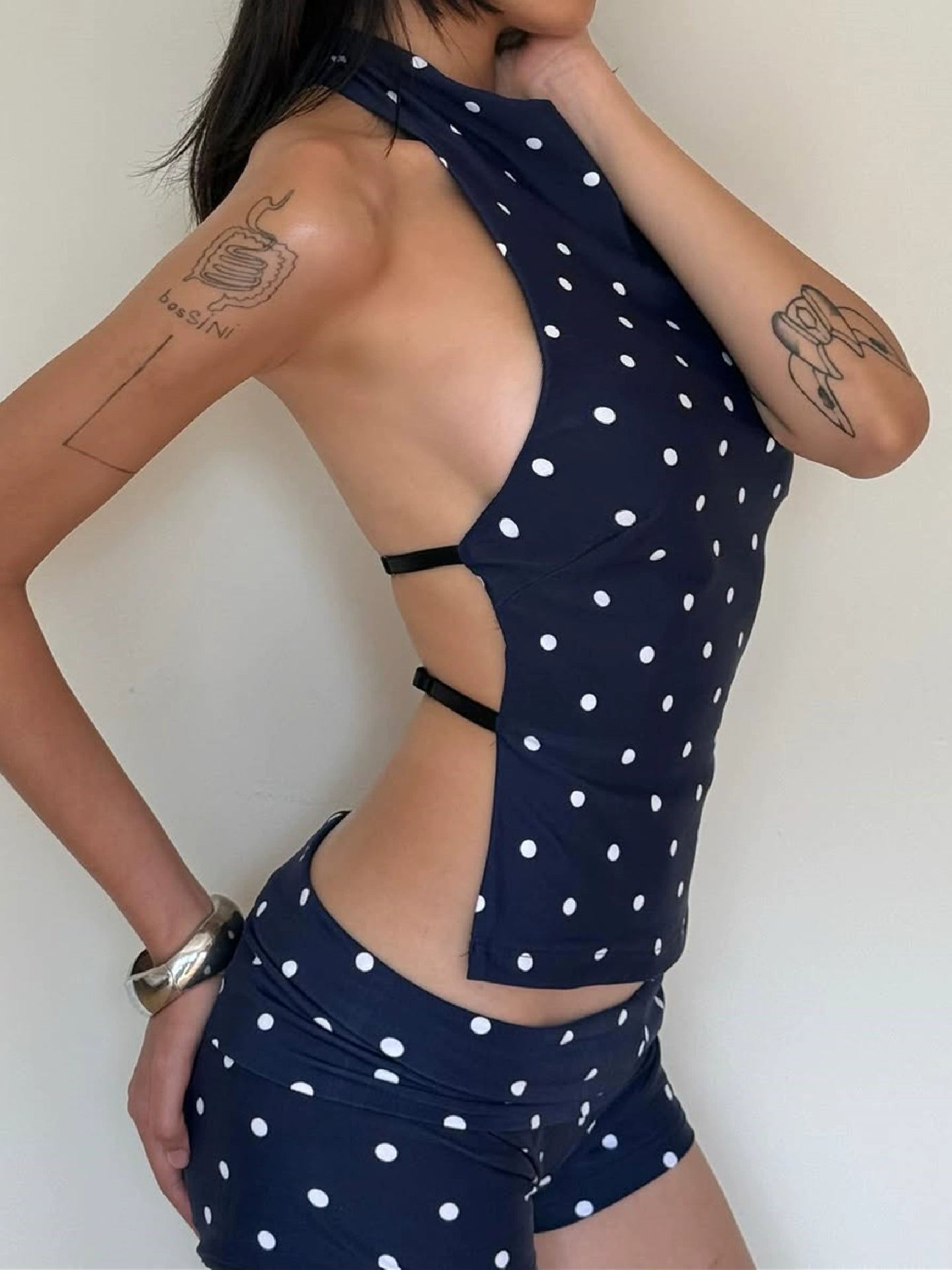 Polka dot cut-out backless halterneck top + shorts two-piece set of summer new pure desire fashion versatile suit