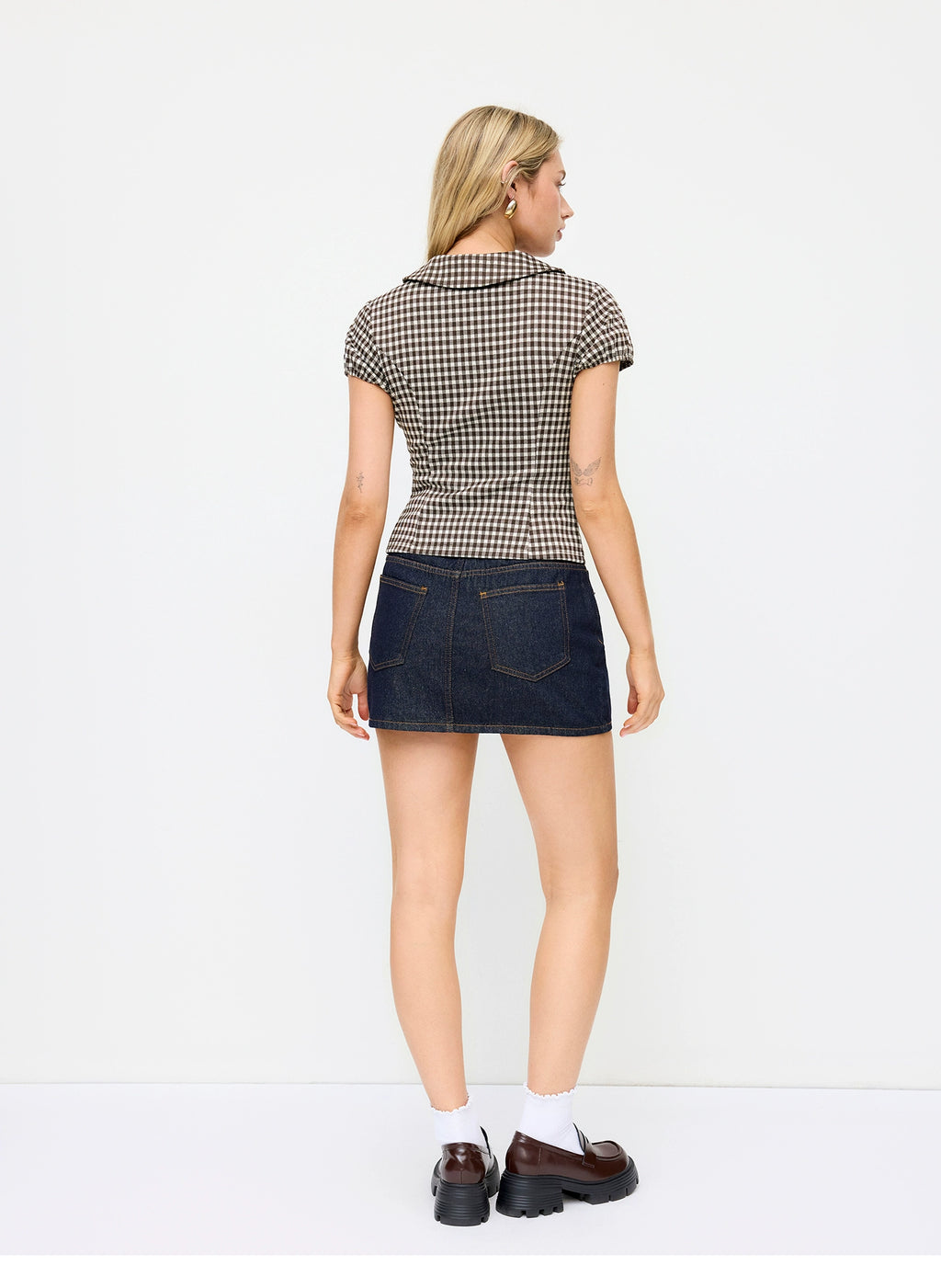 Plaid Asymmetrical Neckline Button-Down Cropped Top