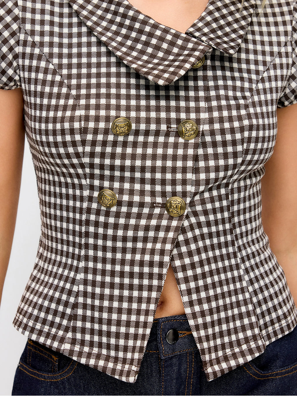 Plaid Asymmetrical Neckline Button-Down Cropped Top