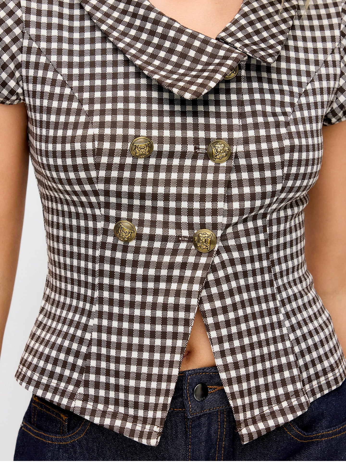 Plaid Asymmetrical Neckline Button-Down Cropped Top