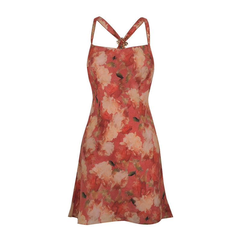 VINTAGE RED FLORAL DRESS WOMEN'S SUMMER SEXY HALTERNECK SLIP DRESS SEASIDE BACKLESS HOLIDAY DRESS