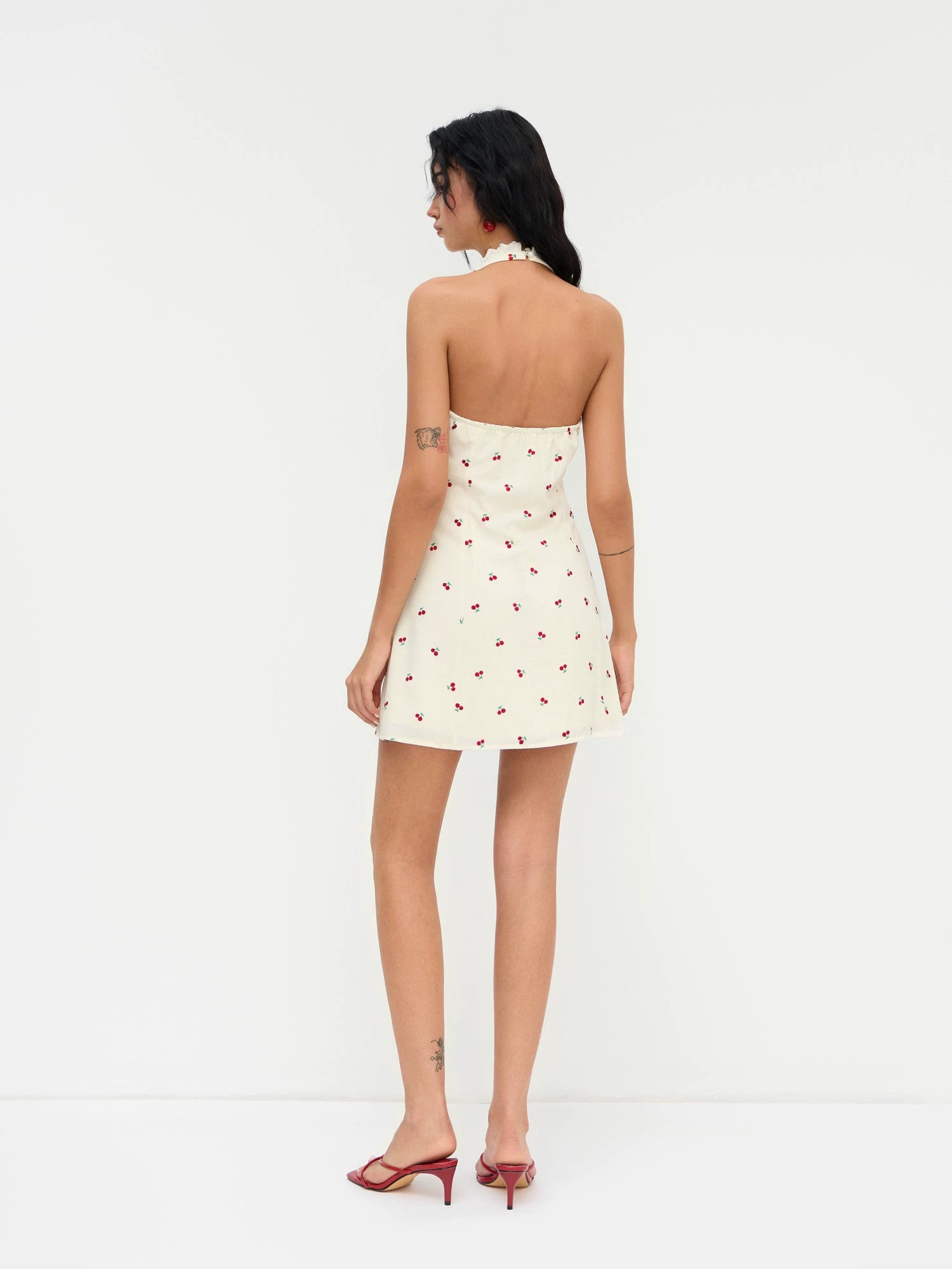 Halterneck Cherry Ruffle Bow Mini Dress