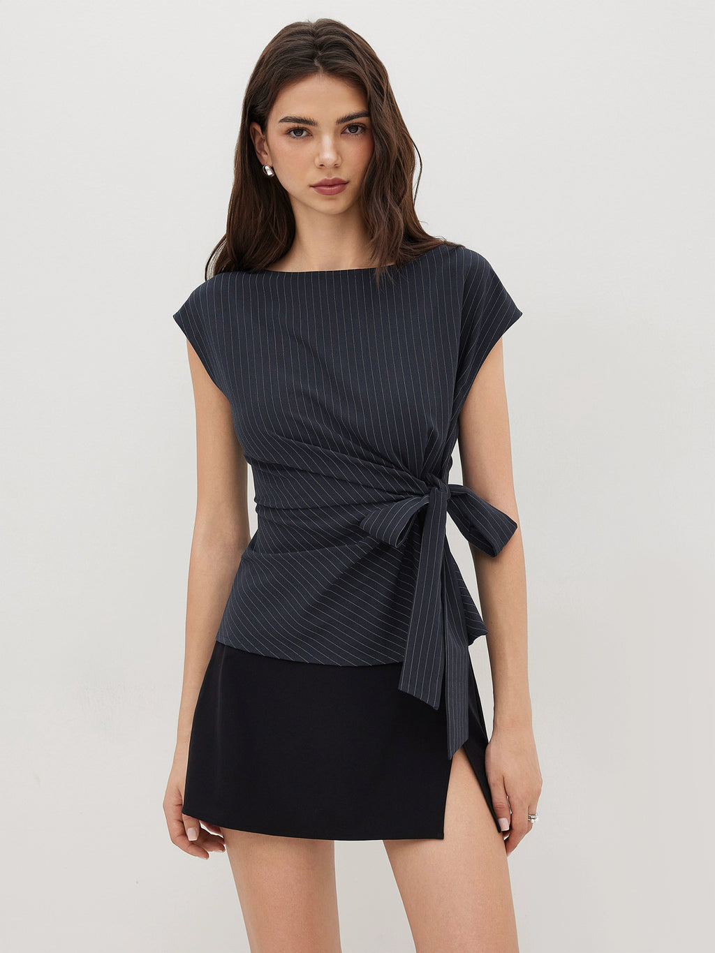 boat-neck striped lace-up loose top