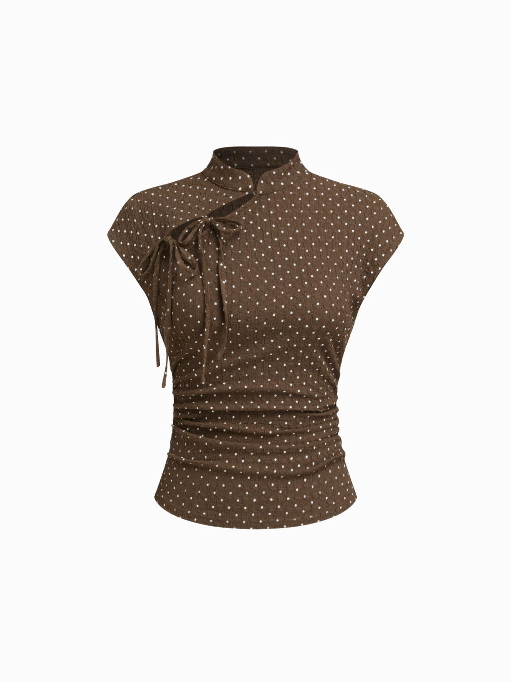 Polka Dot Lapel Short Sleeve Lace-up Slim Pleated Short Sleeveless Top