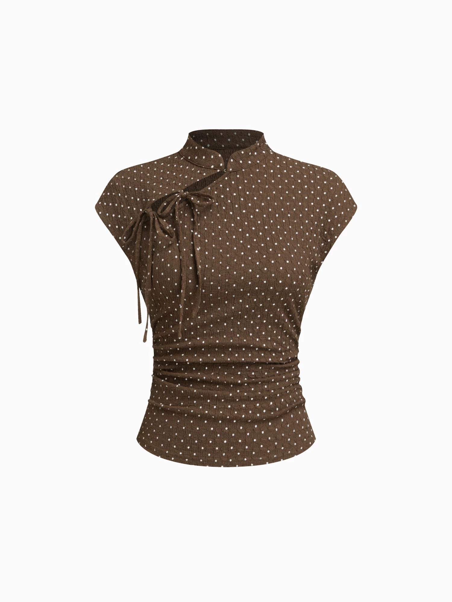 Polka Dot Lapel Short Sleeve Lace-up Slim Pleated Short Sleeveless Top