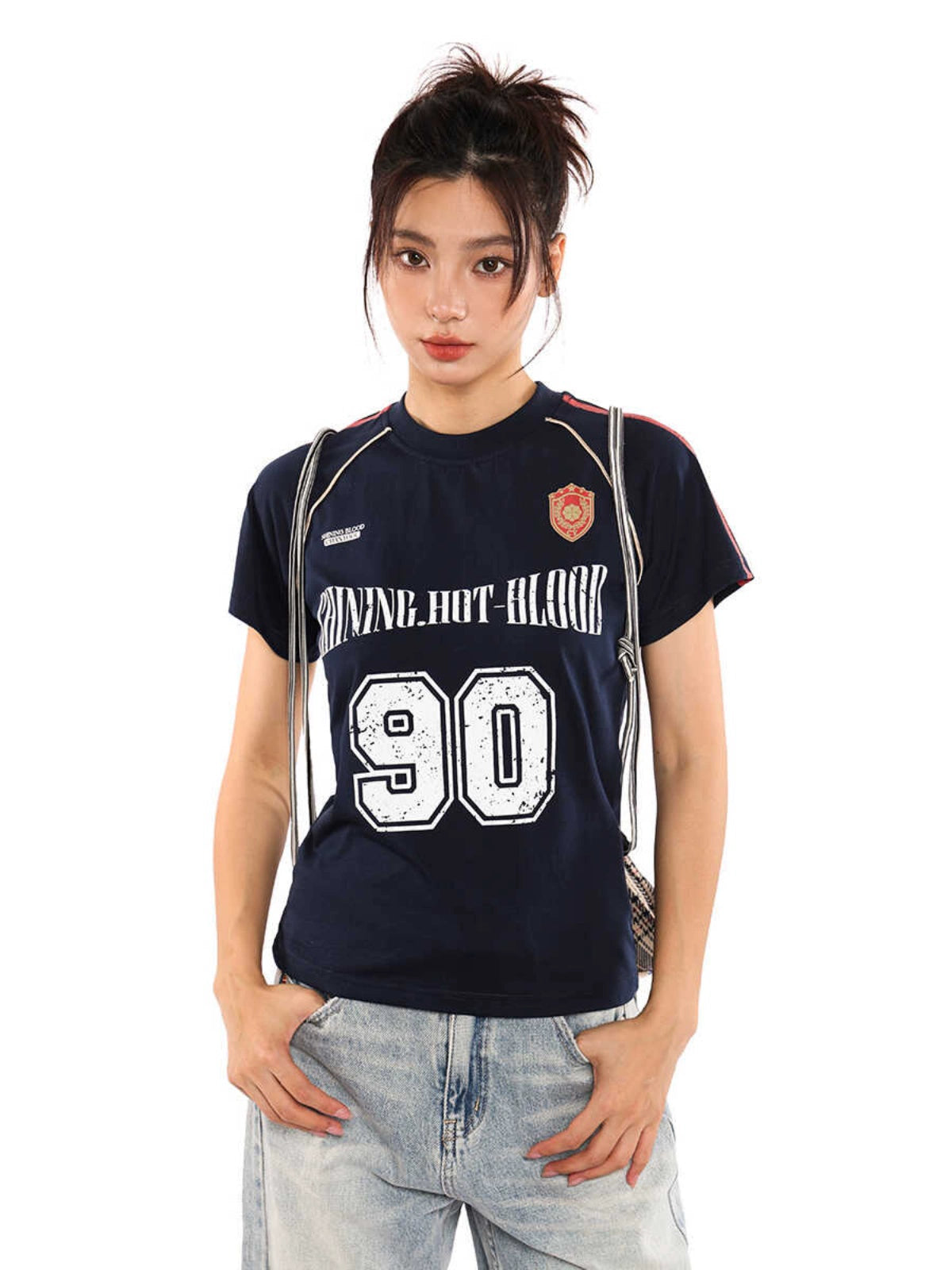vintage blokette striped sports short sleeve jersey t-shirt women's summer american babes top tide