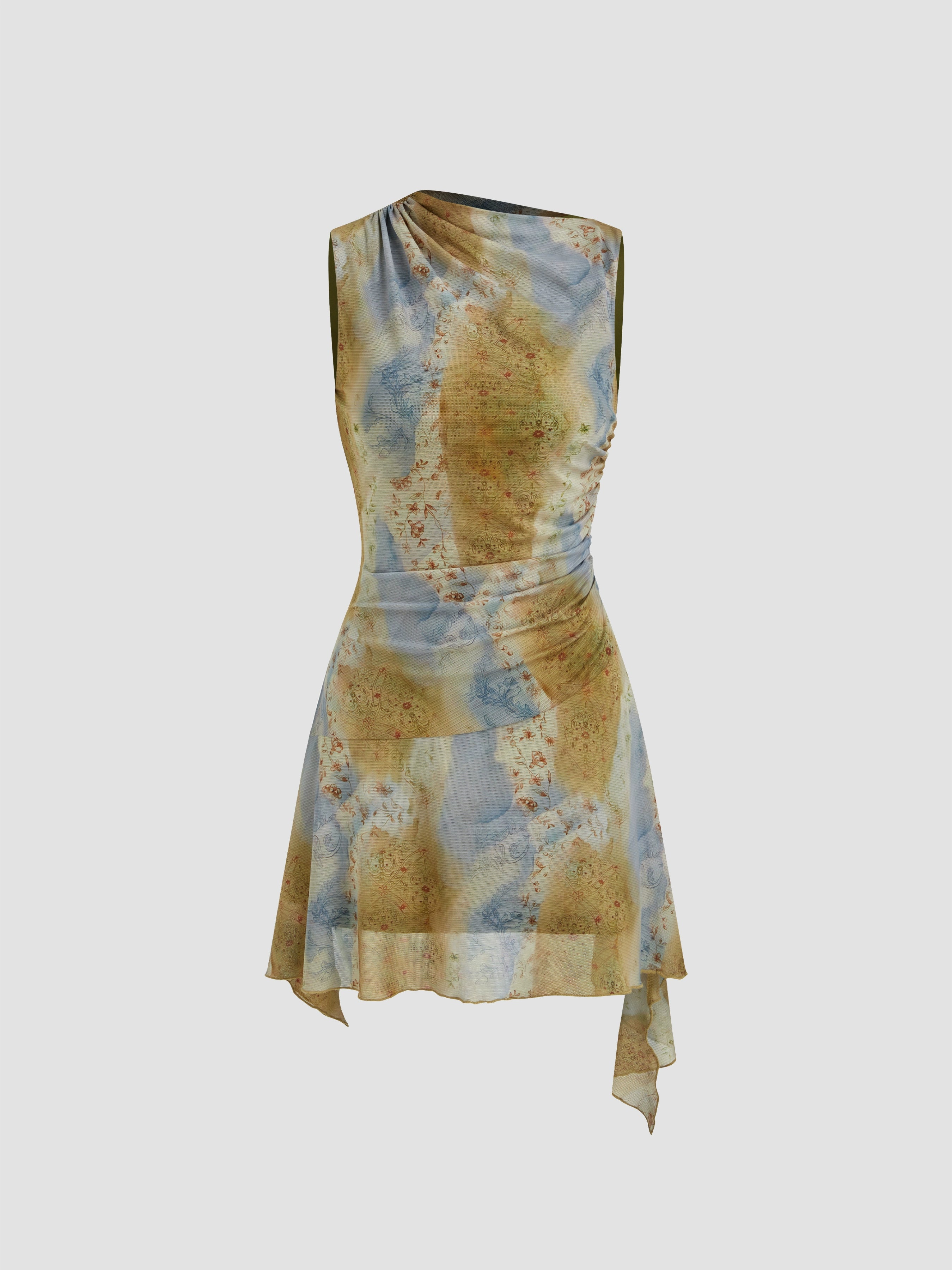 tie-dyed floral skirt asymmetric design high sense lace-up gauze tulle dress