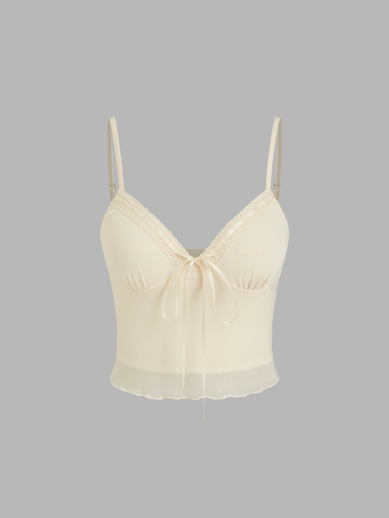 Mesh V-Neck Bow Cropped Camisole Top Ruffled Mid Skirt Set