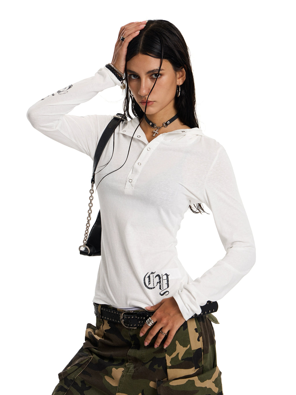 gothic sun protection smock women's summer american punk long sleeve hooded t-shirt slim fit tulle top