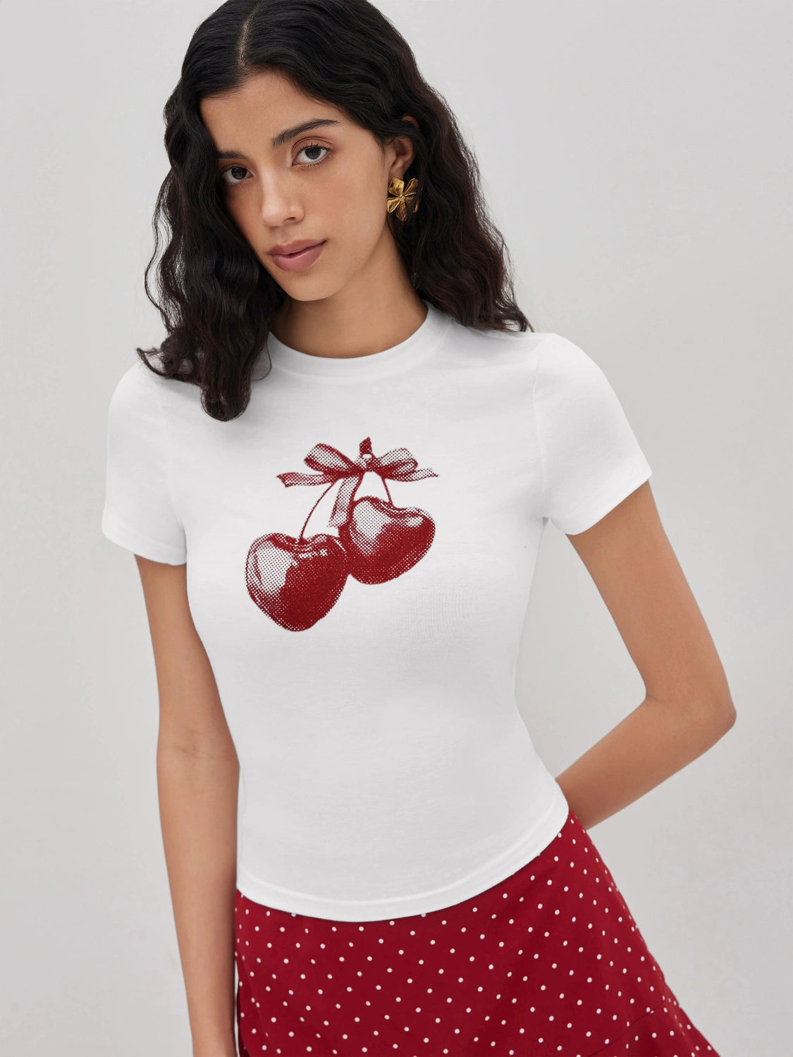 star same genuine cherry print niche crew neck short-sleeved shoulder T-shirt
