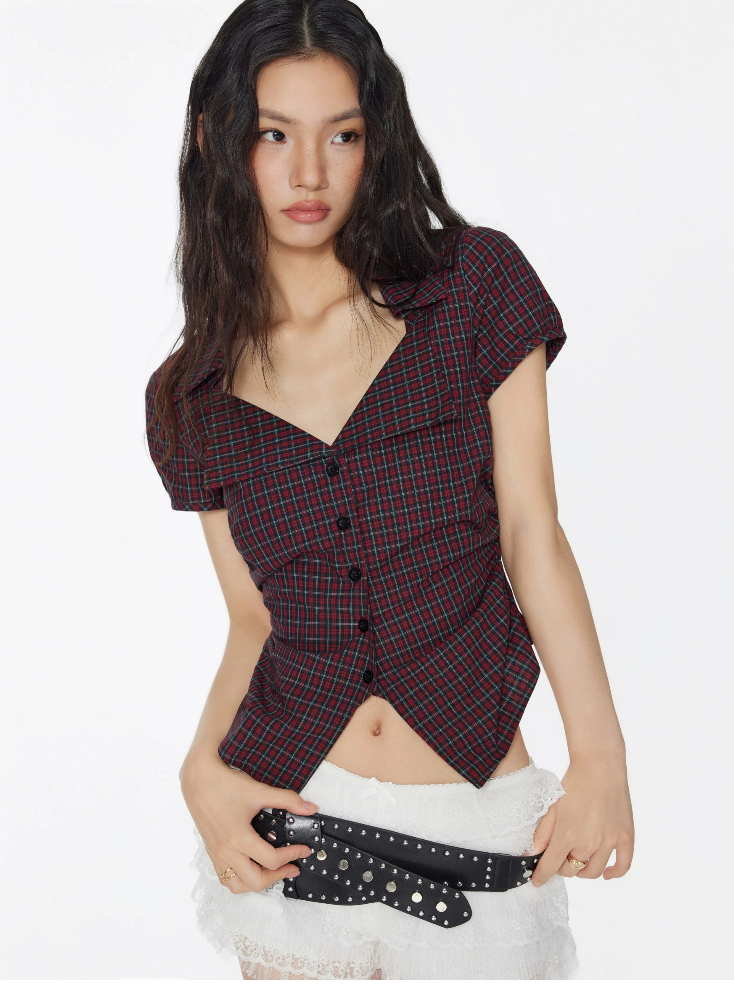 Star matching cotton American vintage plaid V-neck waist shirt