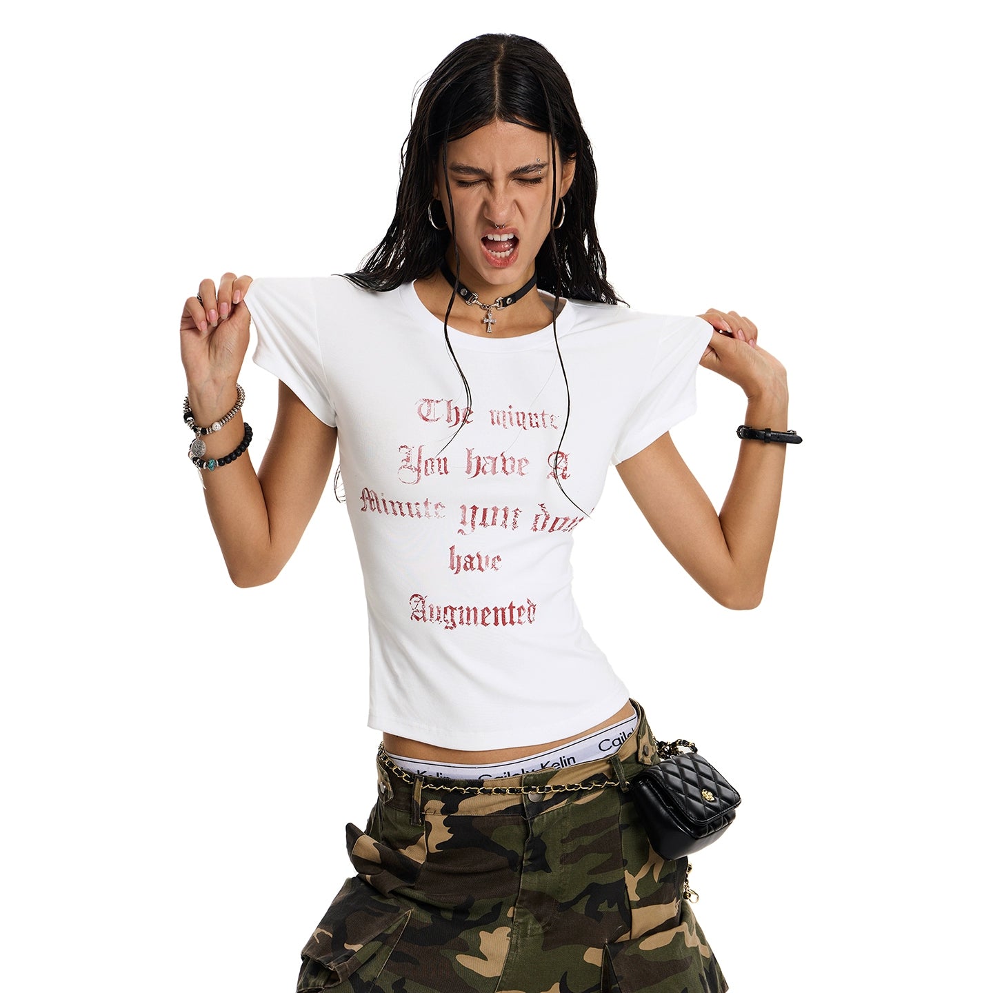 Punk cross shoulder short sleeve t-shirt american retro street slim slim slim slim babes top tide