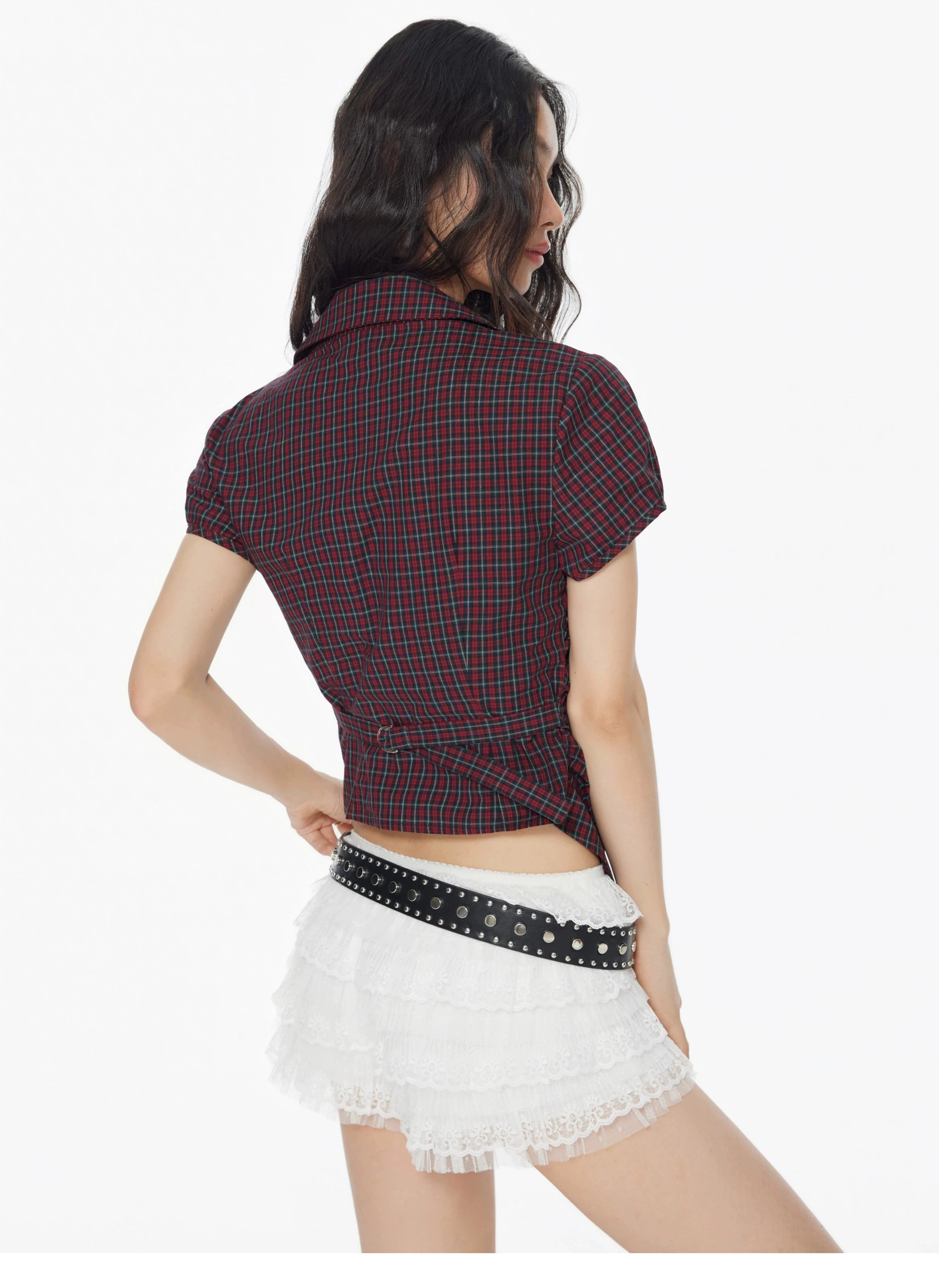 Star matching cotton American vintage plaid V-neck waist shirt