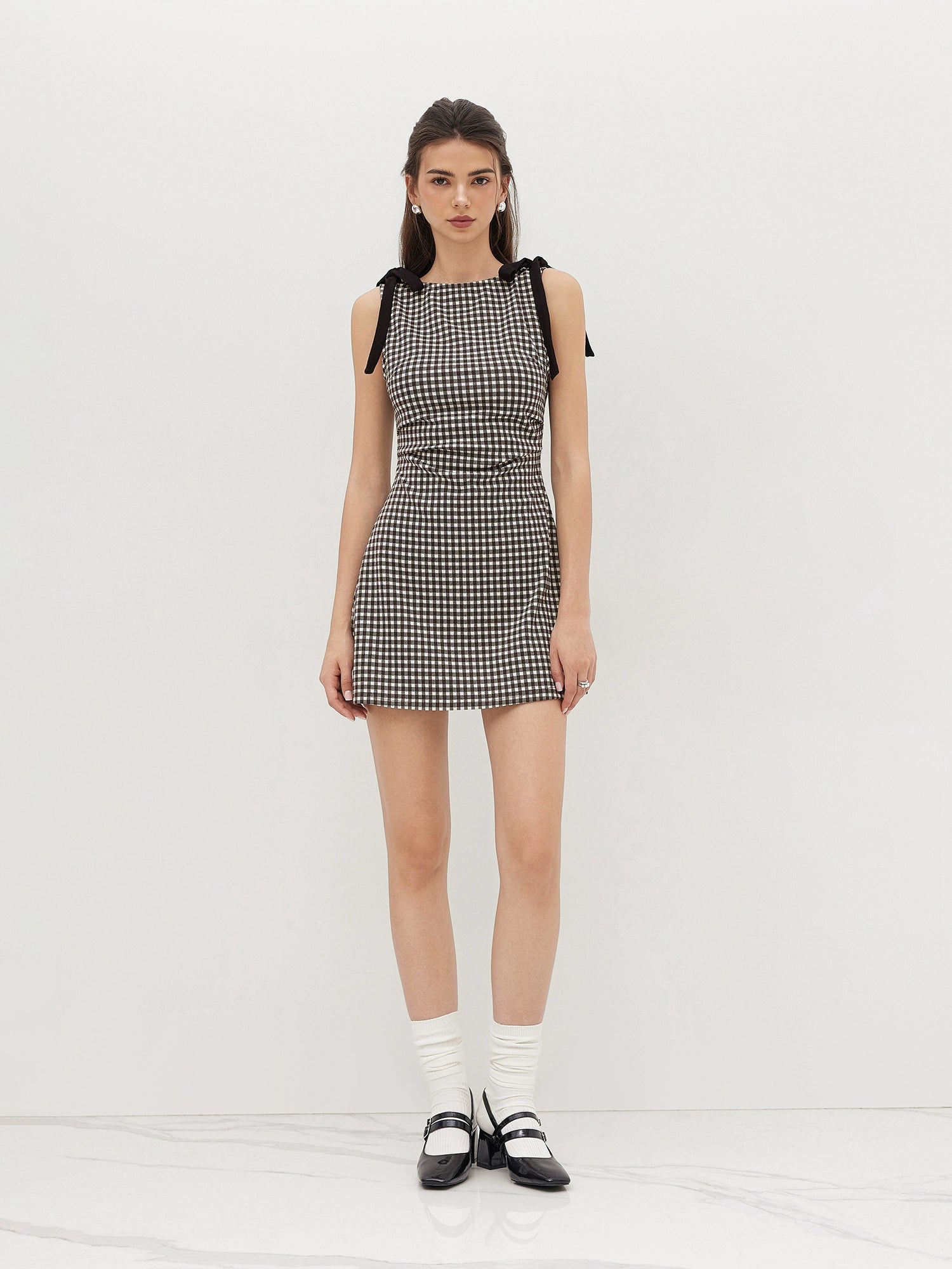 Plaid Dress Short Bow Pleated Crew Neck Design Sleeveless Vest Dress
