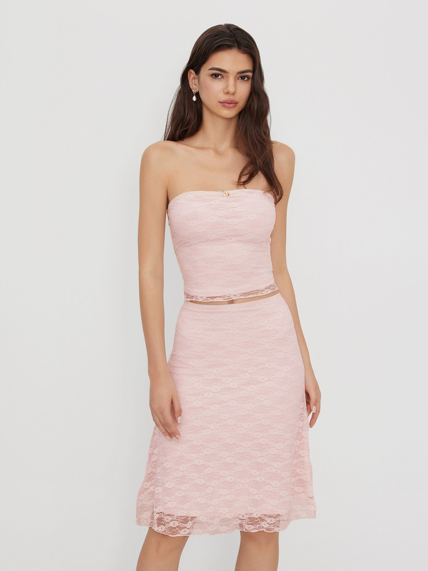 Floral lace bandeau top with mermaid midi skirt set