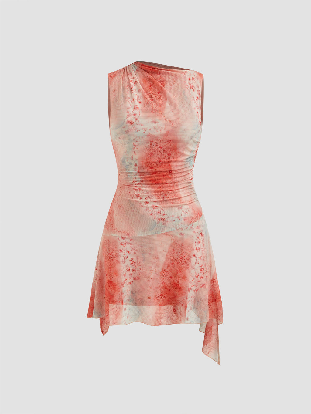 tie-dyed floral skirt asymmetric design high sense lace-up gauze tulle dress