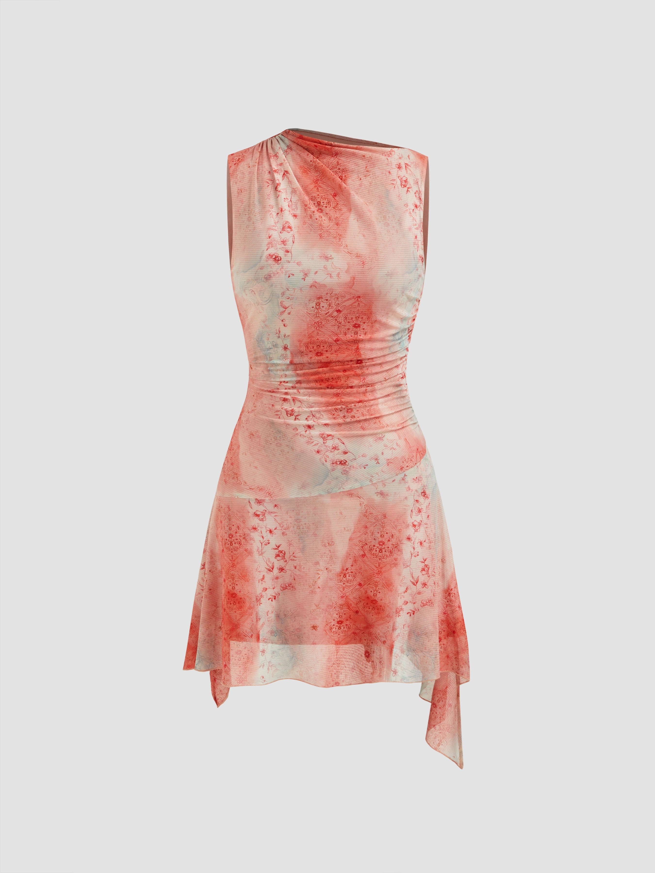 tie-dyed floral skirt asymmetric design high sense lace-up gauze tulle dress