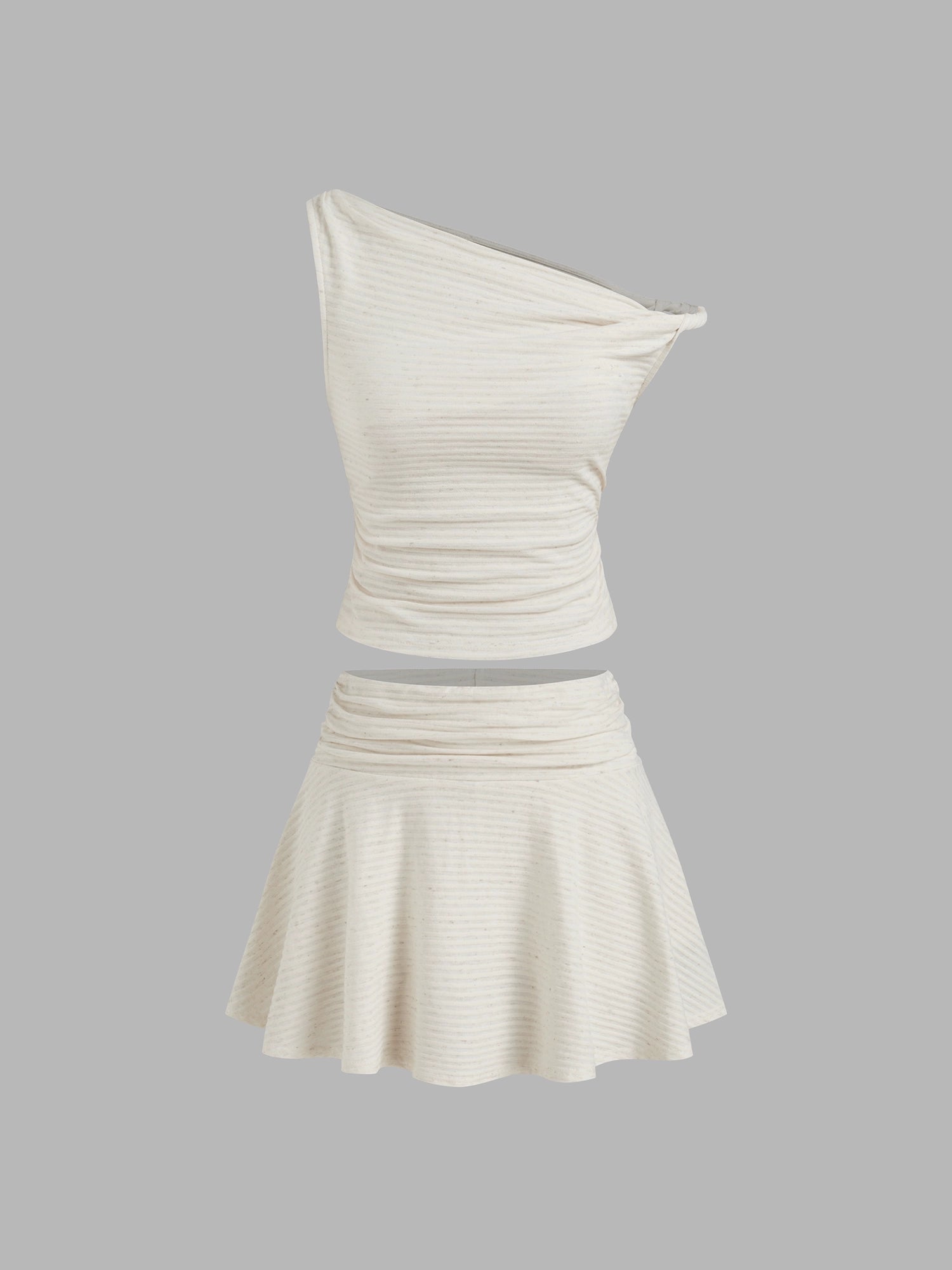 Cotton Blend Asymmetrical Kinked Slanted Shoulder Striped Top + Mini Short Skirt Set