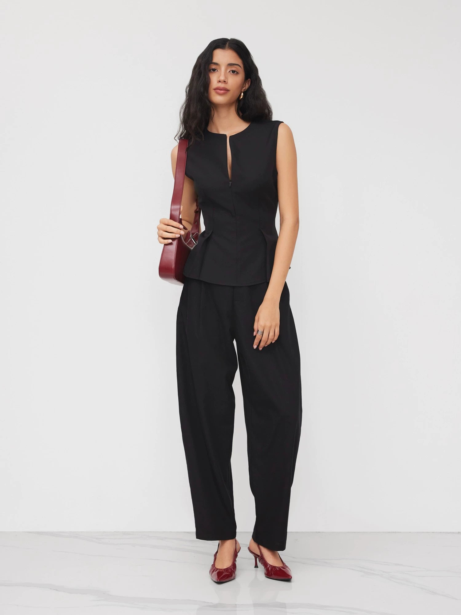 Half Zip Pleated Temperament Sleeveless Vest Top