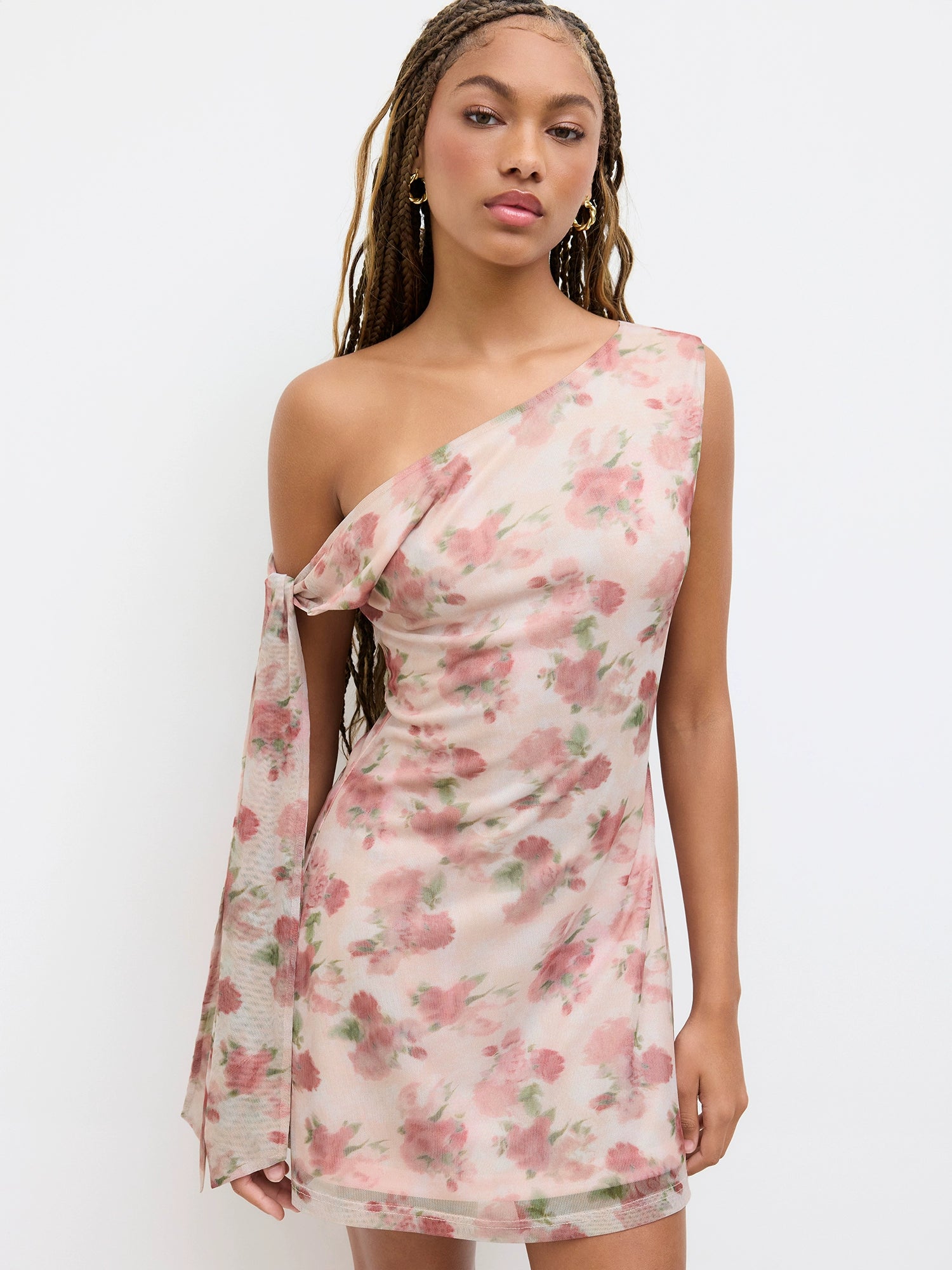 Floral Lace-up Asymmetrical Neckline Mini Dress