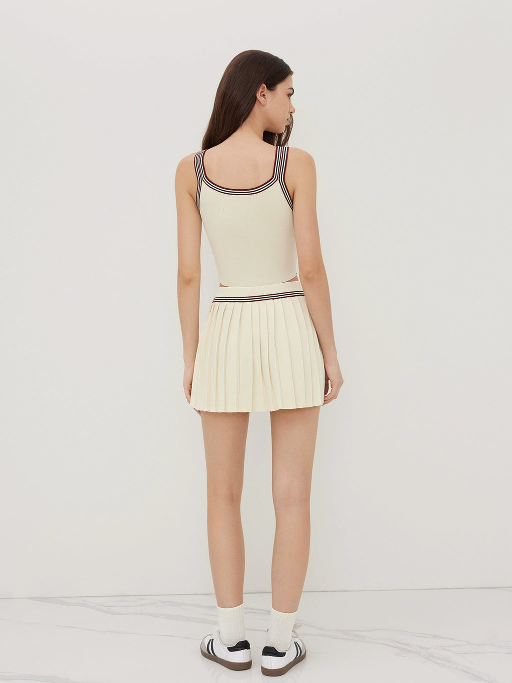 Knitted U-Neck Striped Vest with Mid-Rise Pleated Mini Skirt Set