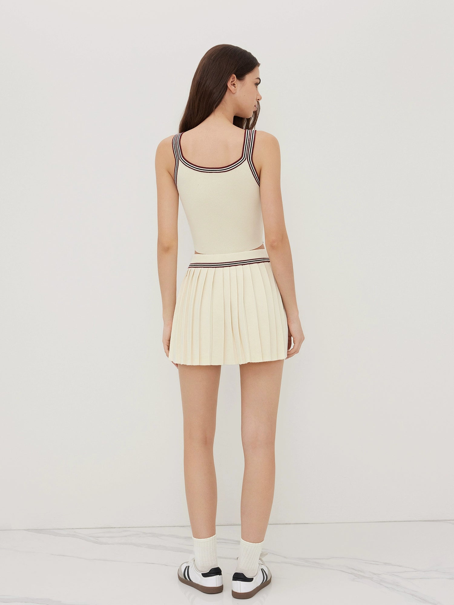Knitted U-Neck Striped Vest with Mid-Rise Pleated Mini Skirt Set