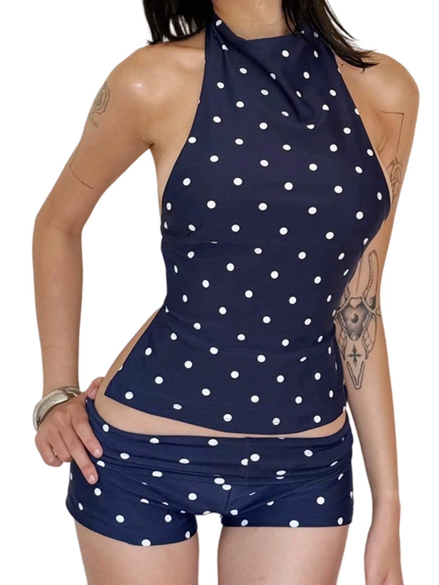 Polka dot cut-out backless halterneck top + shorts two-piece set of summer new pure desire fashion versatile suit