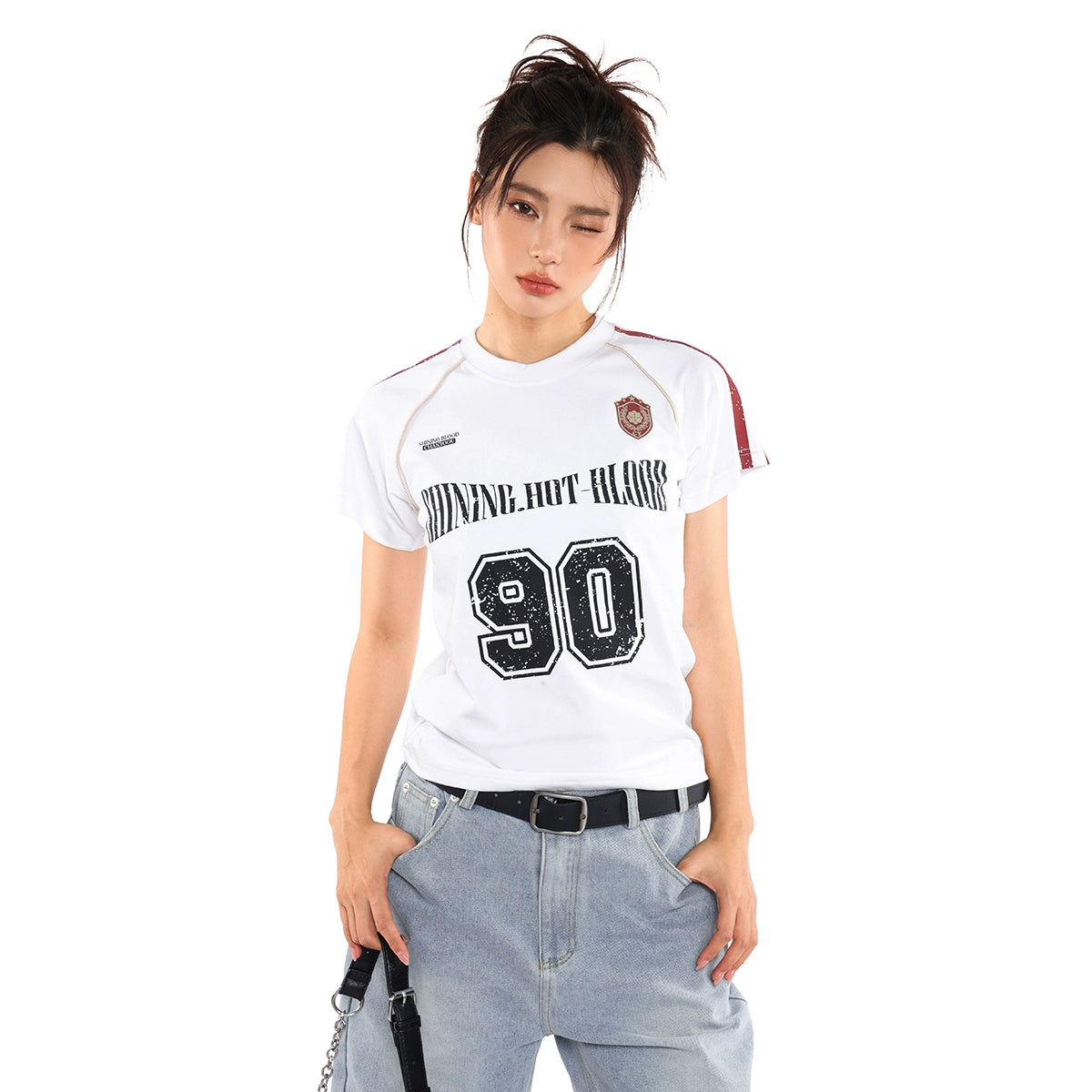 vintage blokette striped sports short sleeve jersey t-shirt women's summer american babes top tide