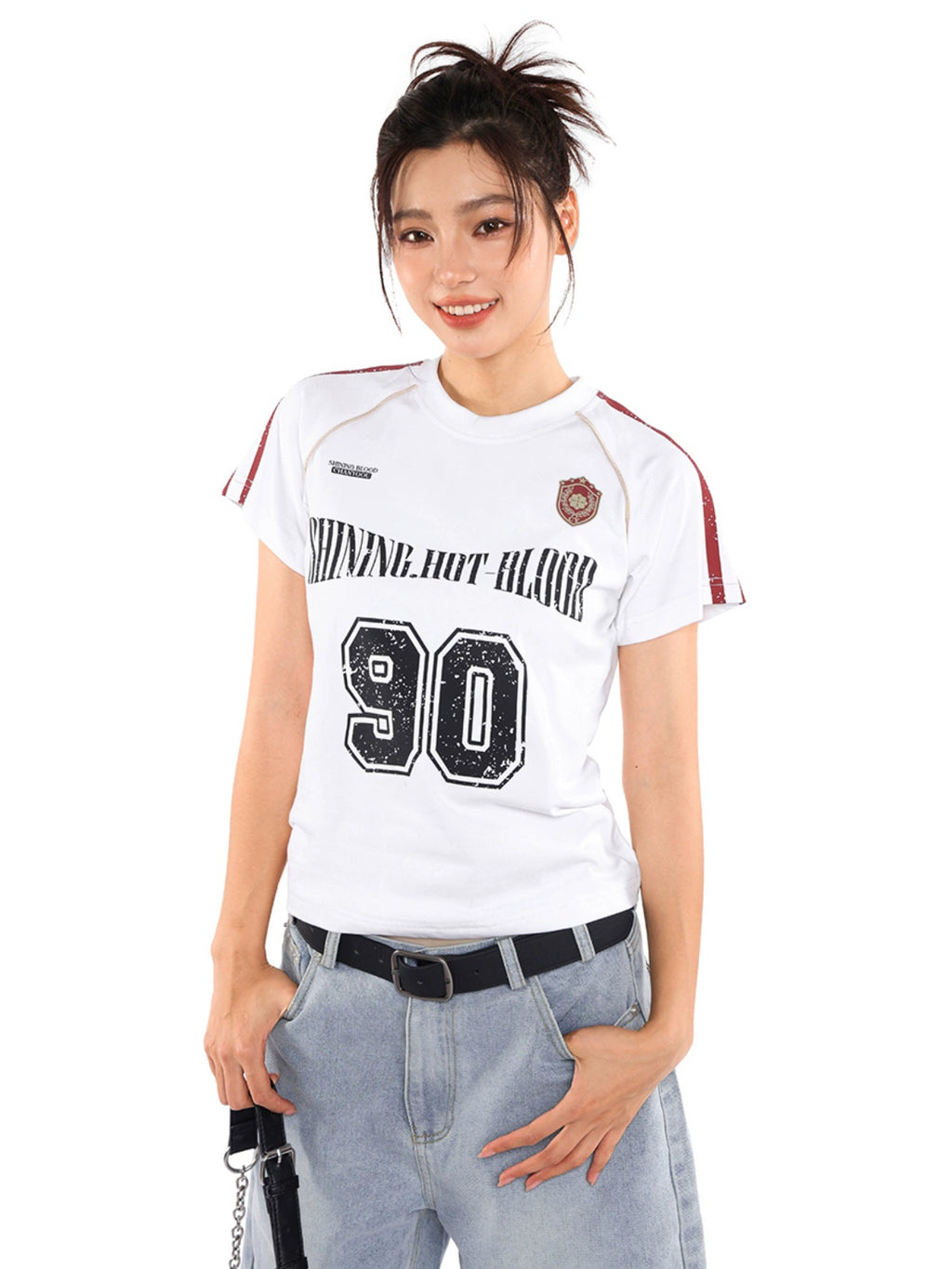 vintage blokette striped sports short sleeve jersey t-shirt women's summer american babes top tide