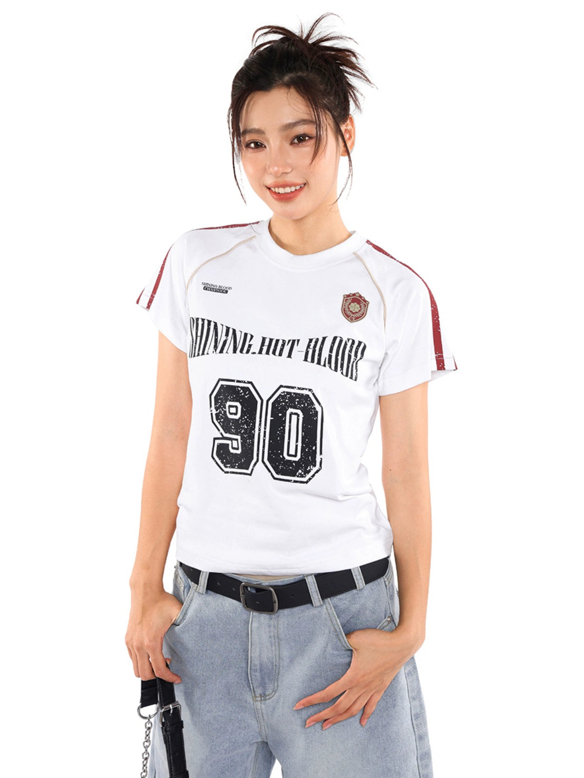 vintage blokette striped sports short sleeve jersey t-shirt women's summer american babes top tide