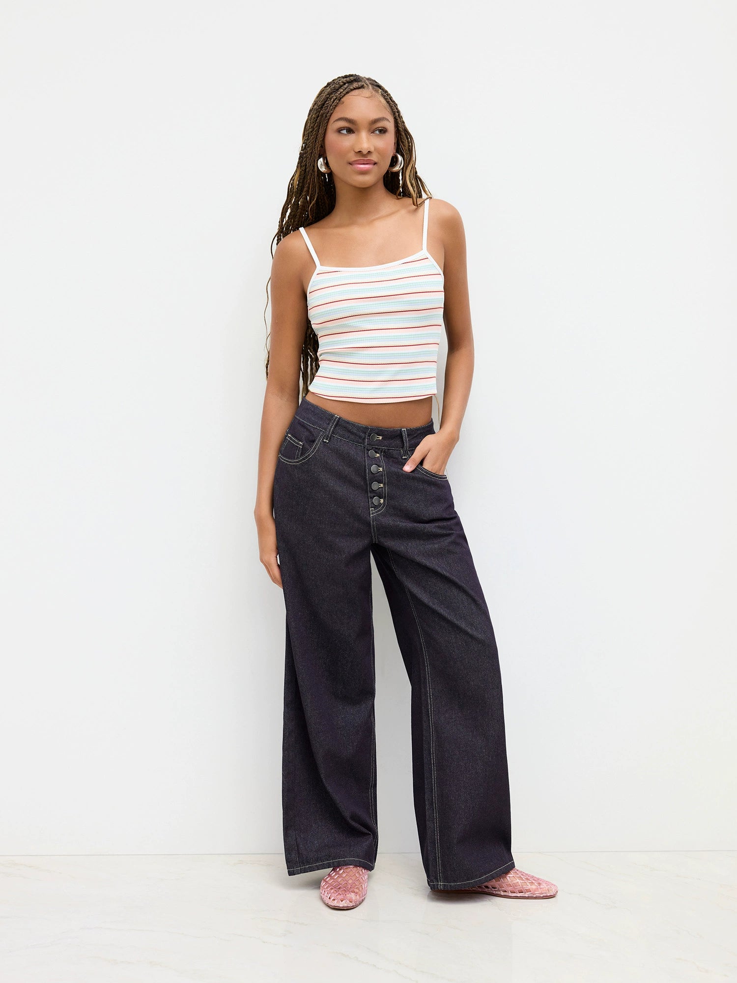 Mid-Rise Buttoned Wide-Leg Denim Pants